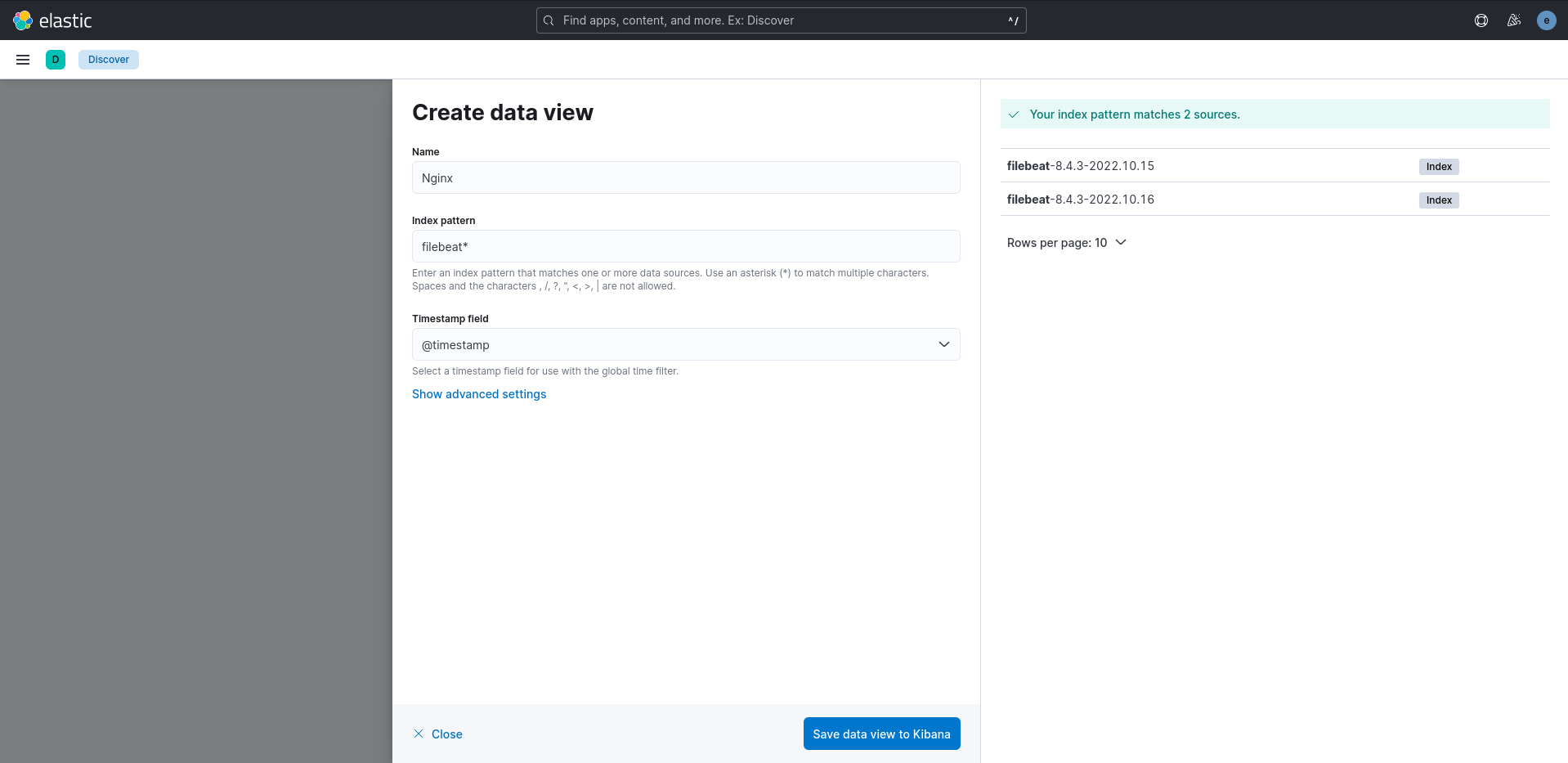 Kibana create data view